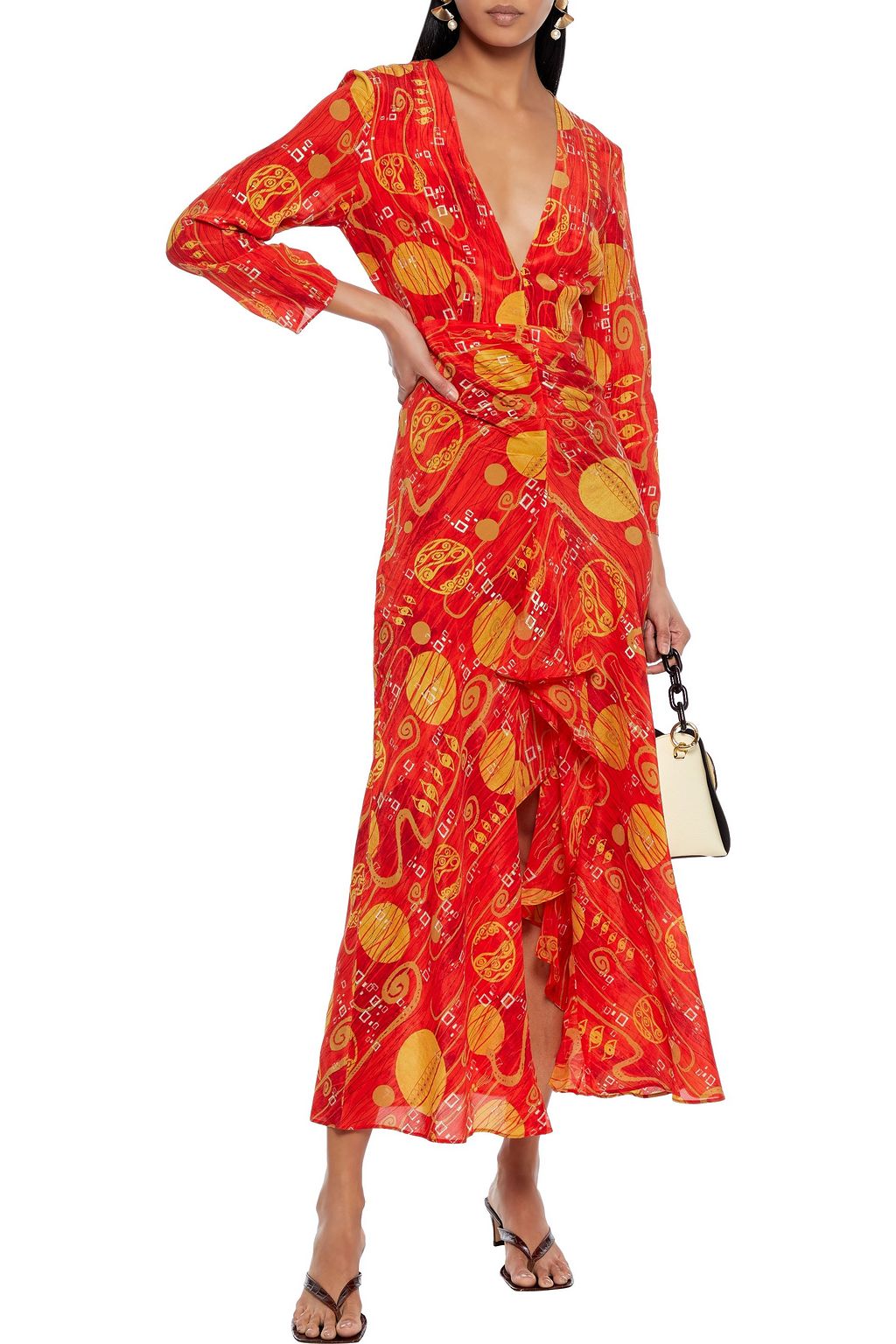 RIXO Rose ruffled chiffon-paneled printed silk crepe de chine maxi dress
