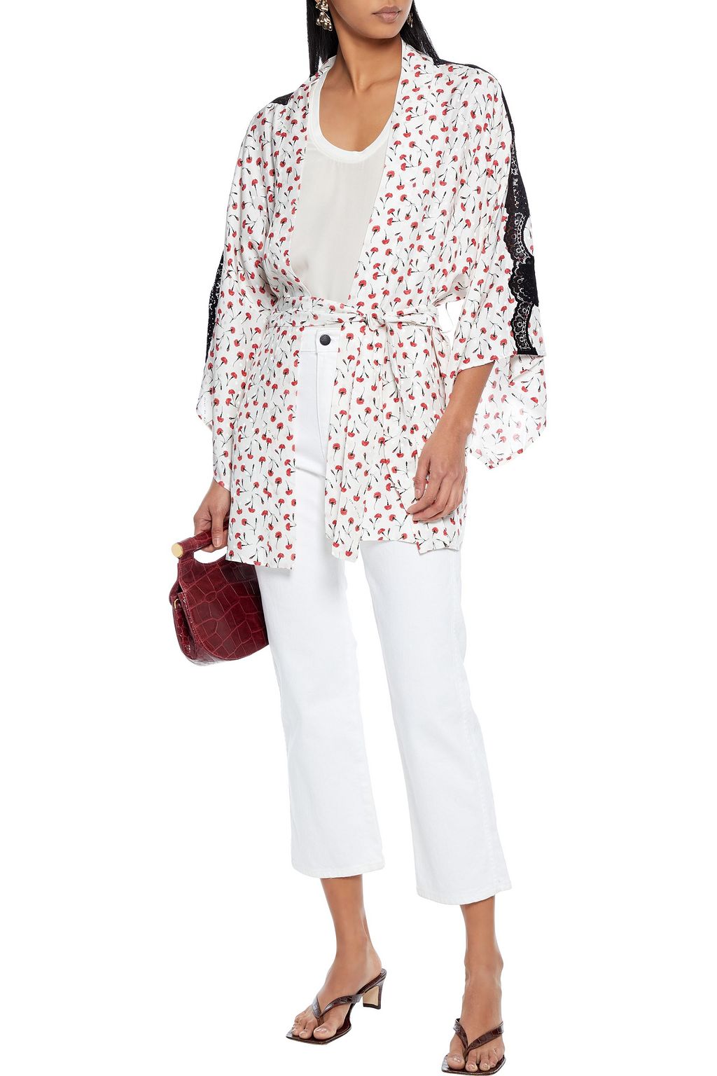 FLEUR DU MAL James lace-trimmed floral-print silk-blend jacquard kimono