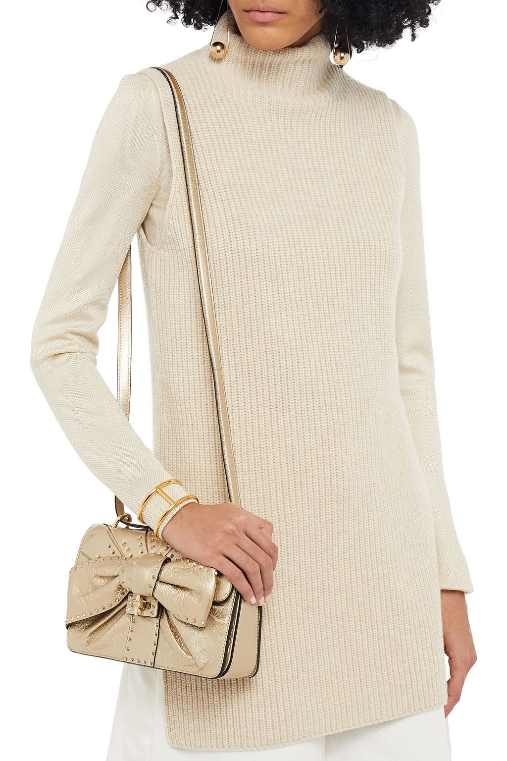 VALENTINO GARAVANI Bow-embellished metallic textured-leather shoulder bag