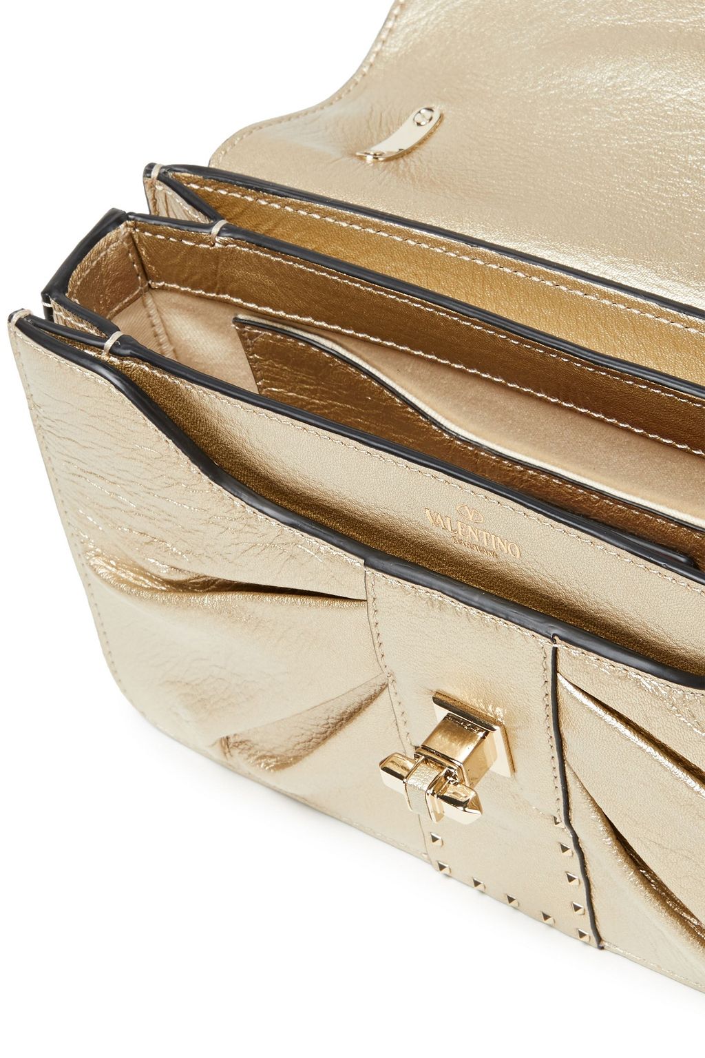 VALENTINO GARAVANI Bow-embellished metallic textured-leather shoulder bag