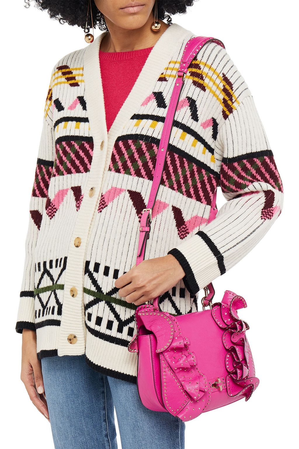 VALENTINO GARAVANI Ruffled studded crinkled-leather tote
