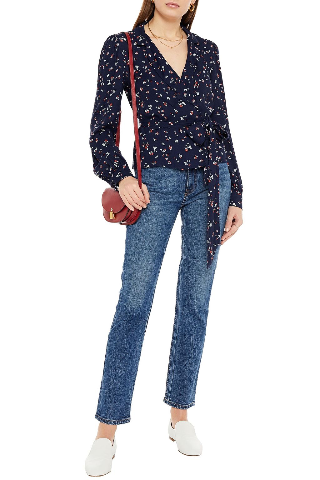 REFORMATION Claudette Oberteil aus Crêpe mit floralem Print und Raffung
