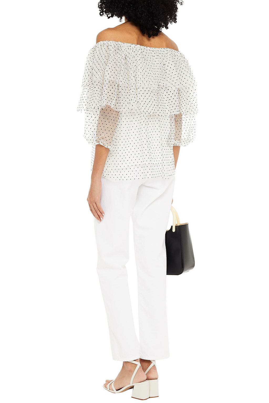 MAJE Off-the-shoulder tiered Swiss-dot tulle top