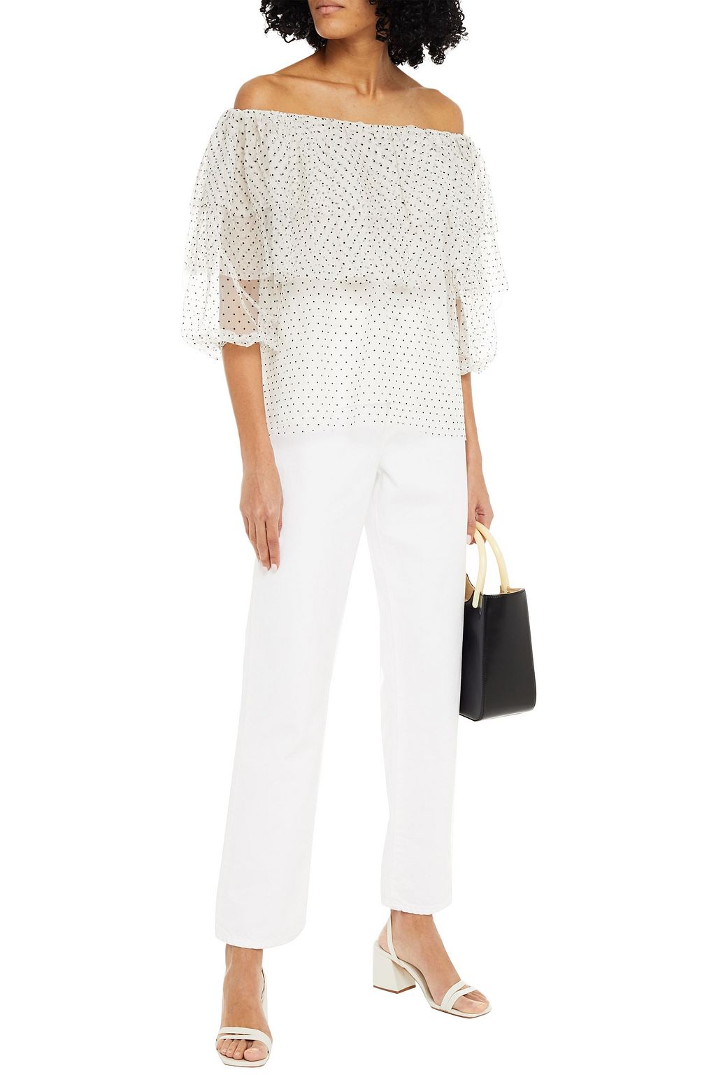 MAJE Off-the-shoulder tiered Swiss-dot tulle top