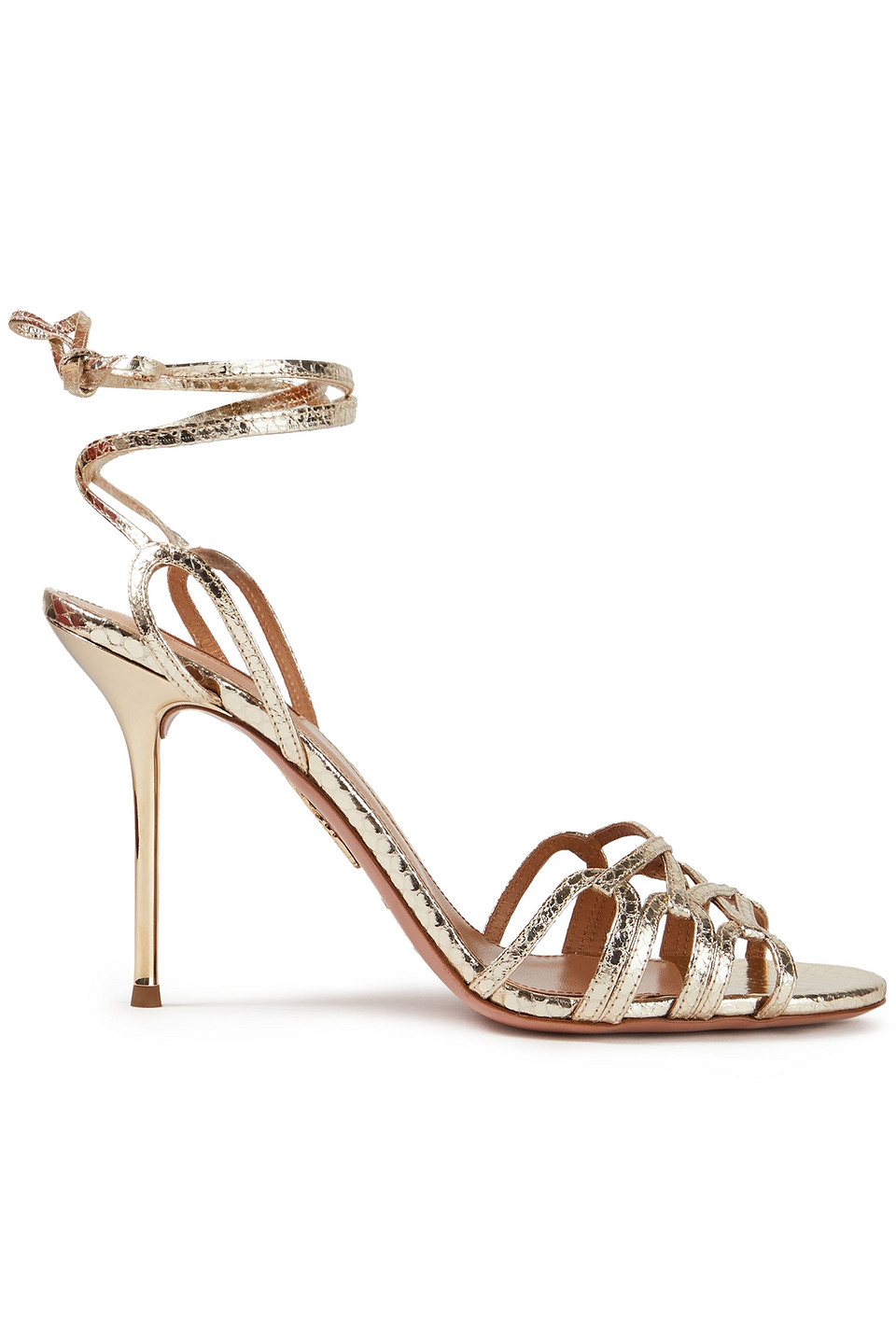 Aquazzura Woman Azur 95 Metallic Snake-effect Leather Sandals Platinum Size 41