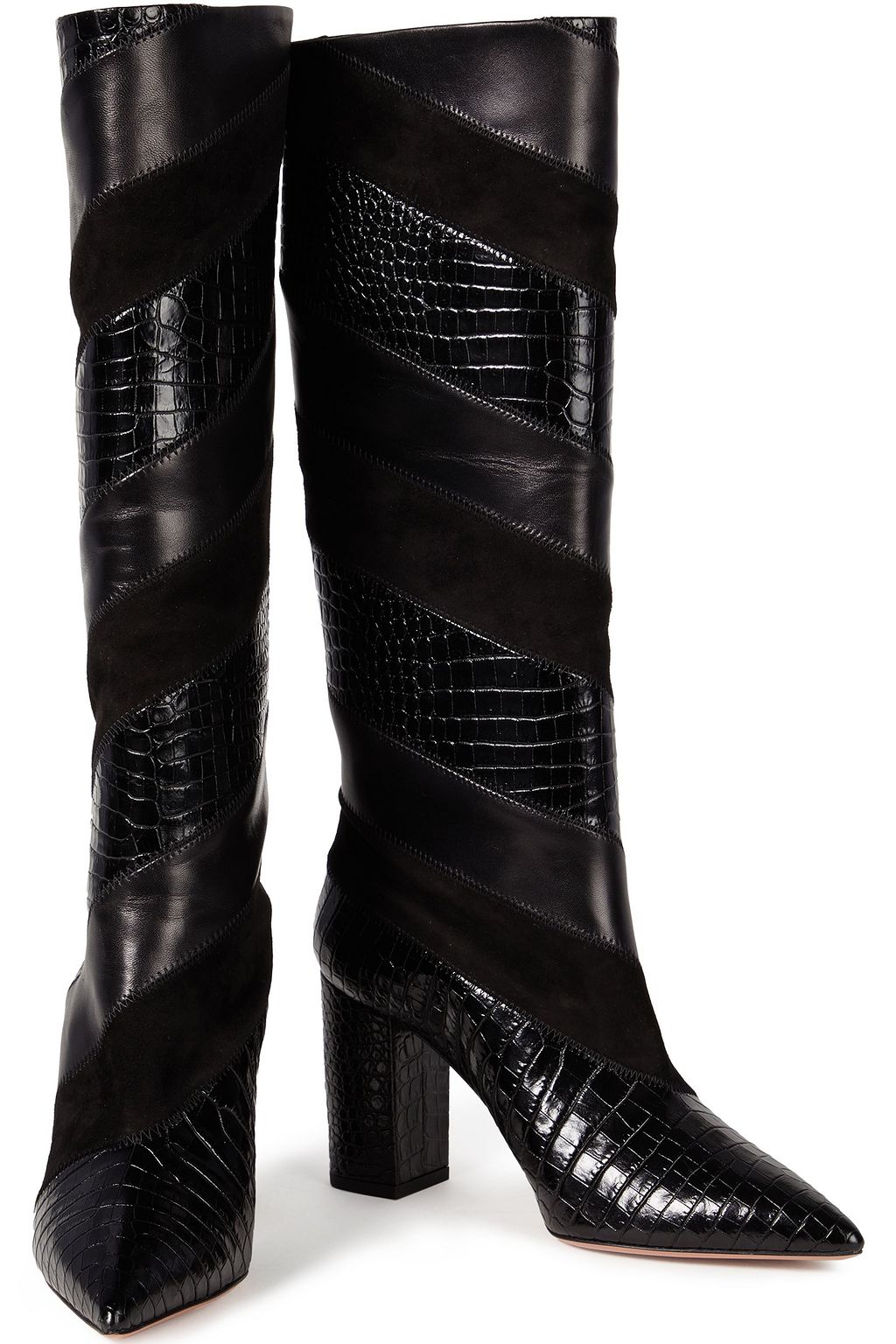 AQUAZZURA Boetti 85 suede, croc-effect and smooth leather knee boots