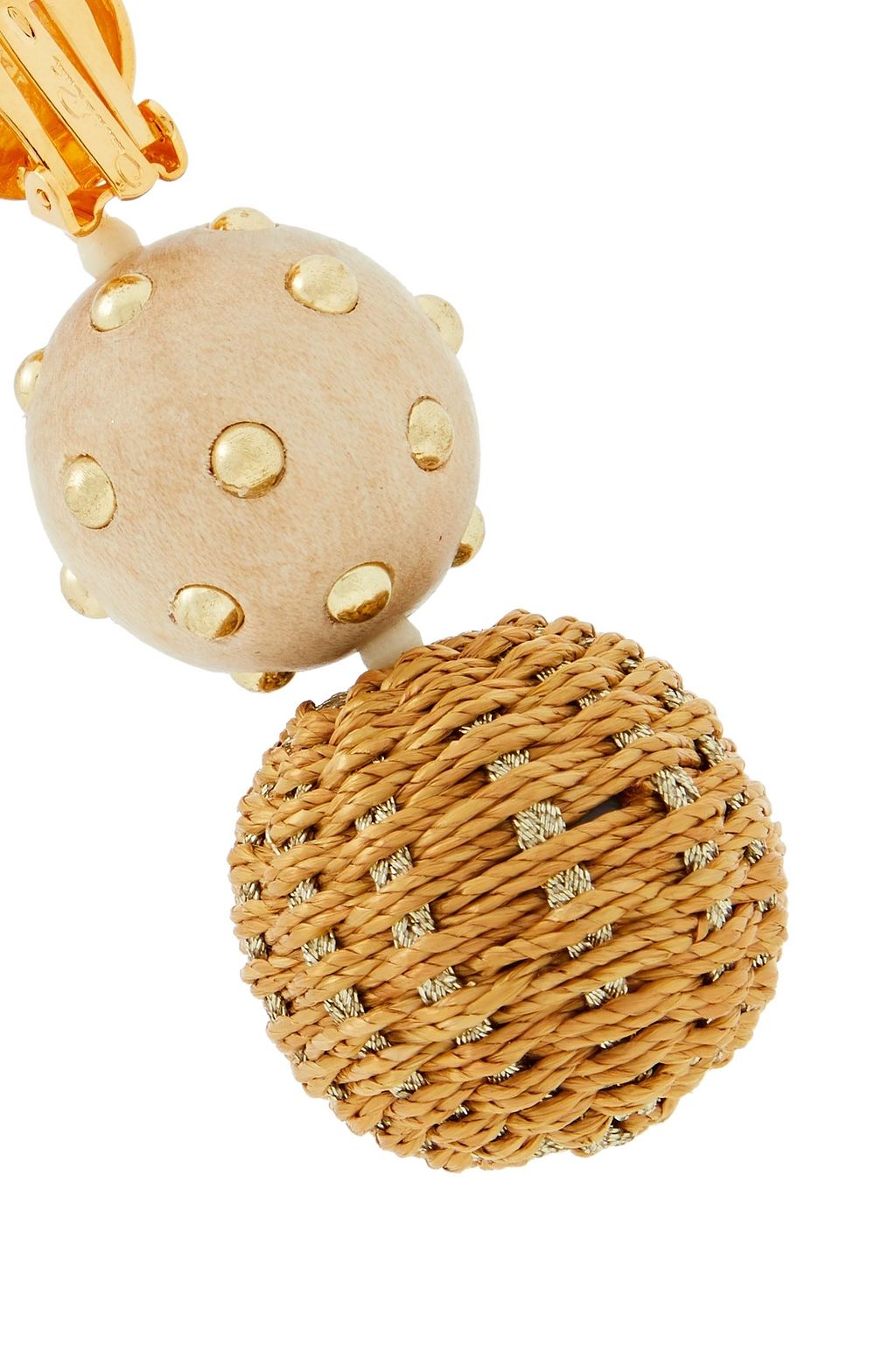OSCAR DE LA RENTA Gold-tone, woven faux raffia and wood clip earrings