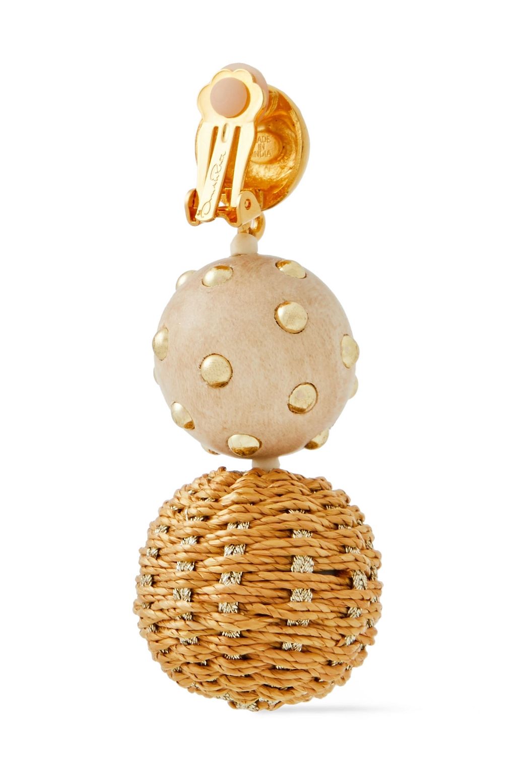 OSCAR DE LA RENTA Gold-tone, woven faux raffia and wood clip earrings