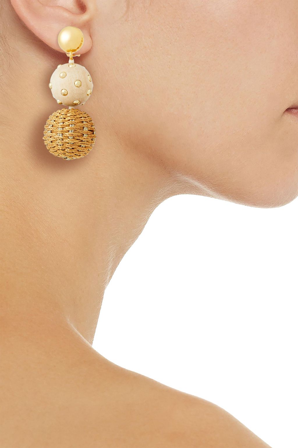 OSCAR DE LA RENTA Gold-tone, woven faux raffia and wood clip earrings