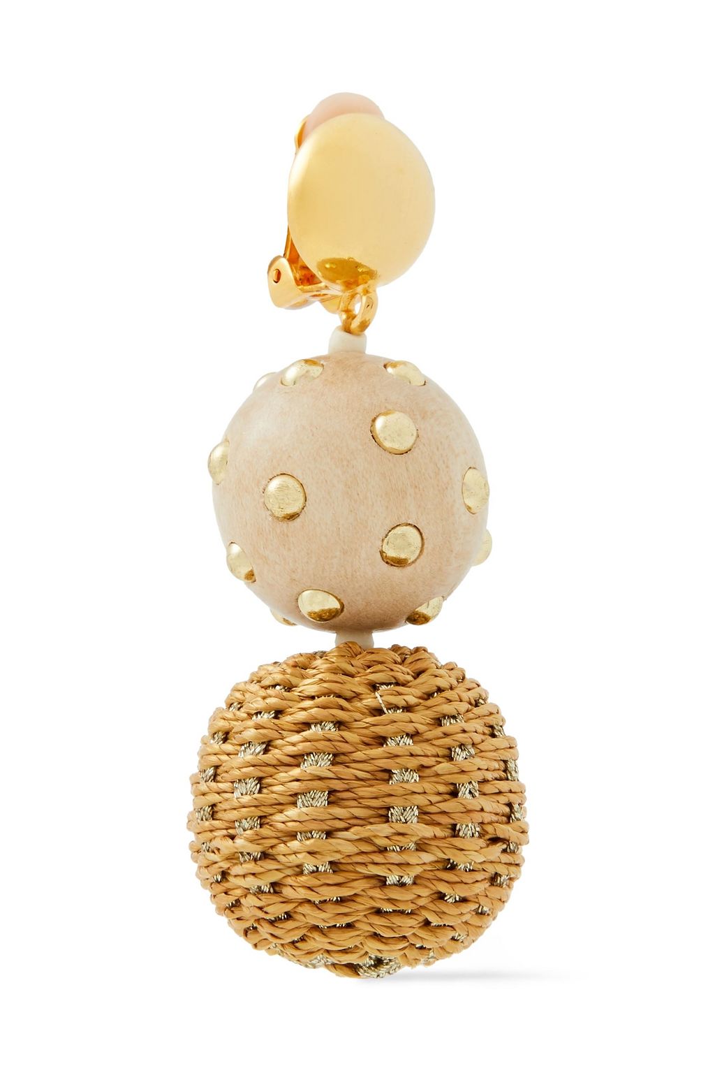 OSCAR DE LA RENTA Gold-tone, woven faux raffia and wood clip earrings