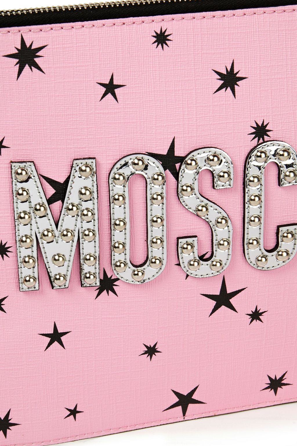 MOSCHINO Leather-trimmed embellished printed faux leather pouch