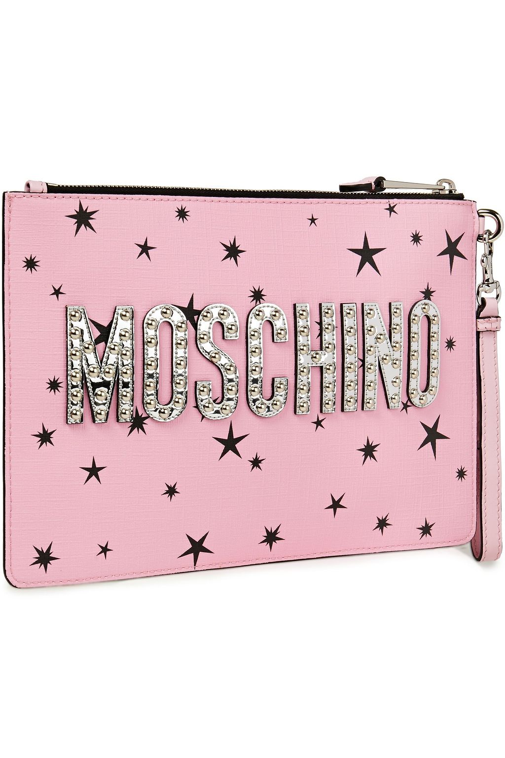 MOSCHINO Leather-trimmed embellished printed faux leather pouch