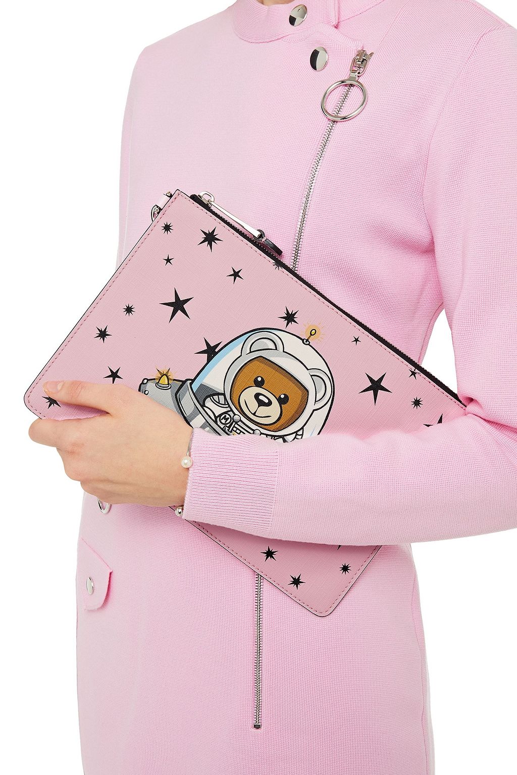 MOSCHINO Leather-trimmed embellished printed faux leather pouch