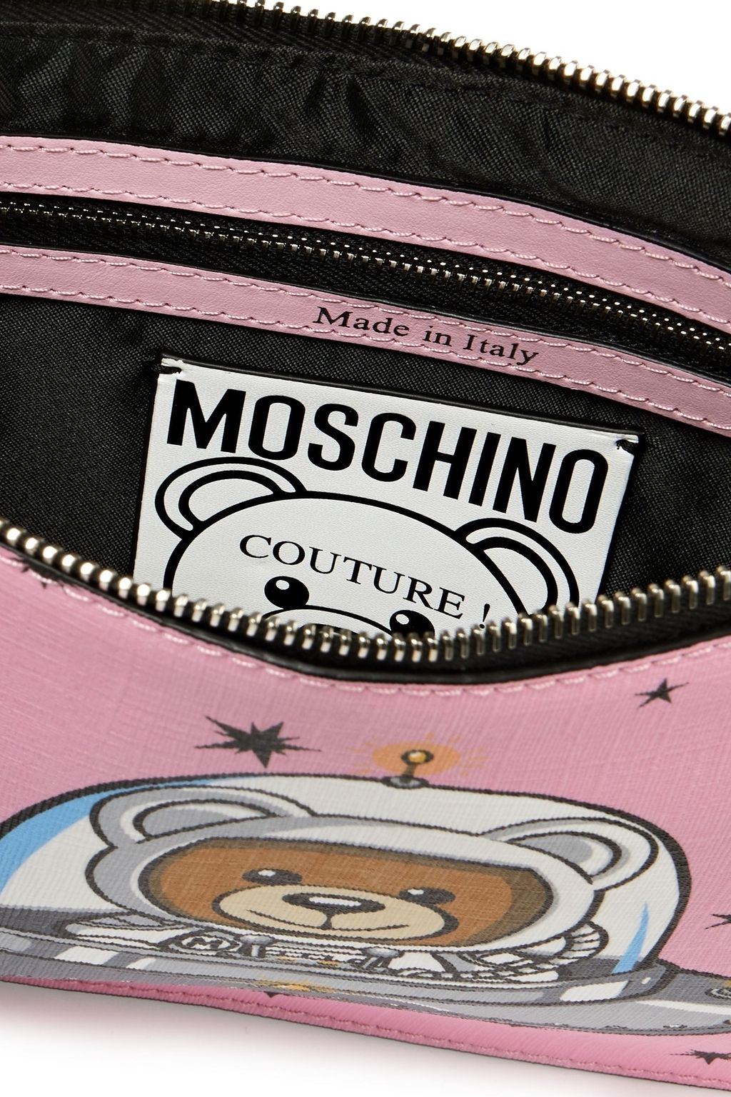 MOSCHINO Leather-trimmed embellished printed faux leather pouch