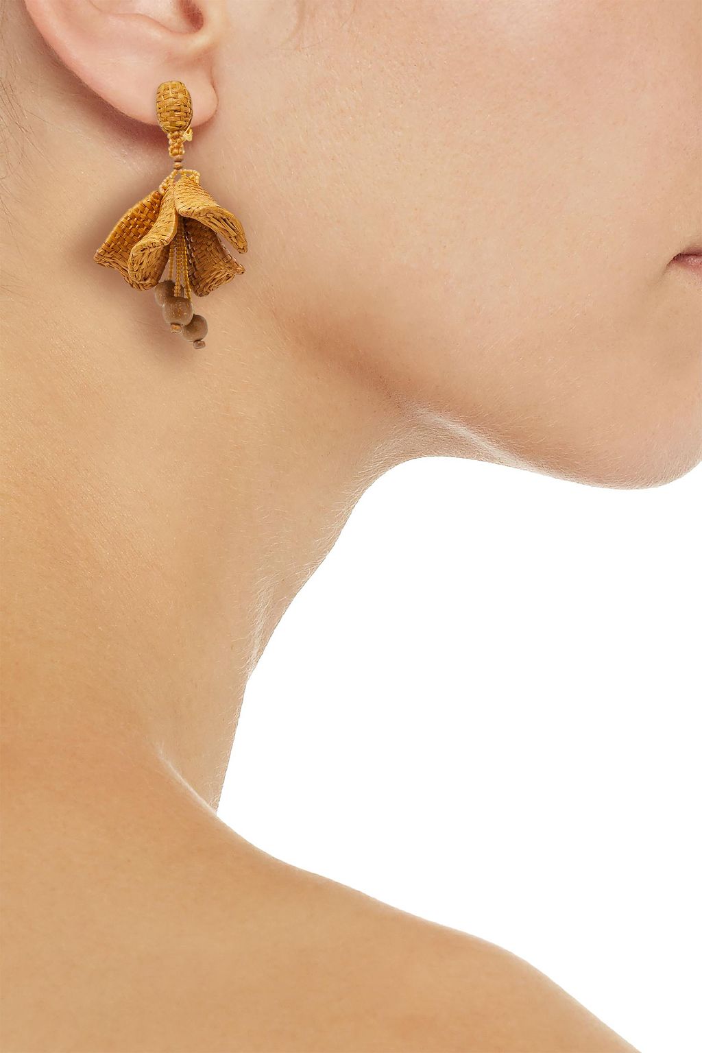 OSCAR DE LA RENTA Gold-tone, faux raffia and bead clip earrings