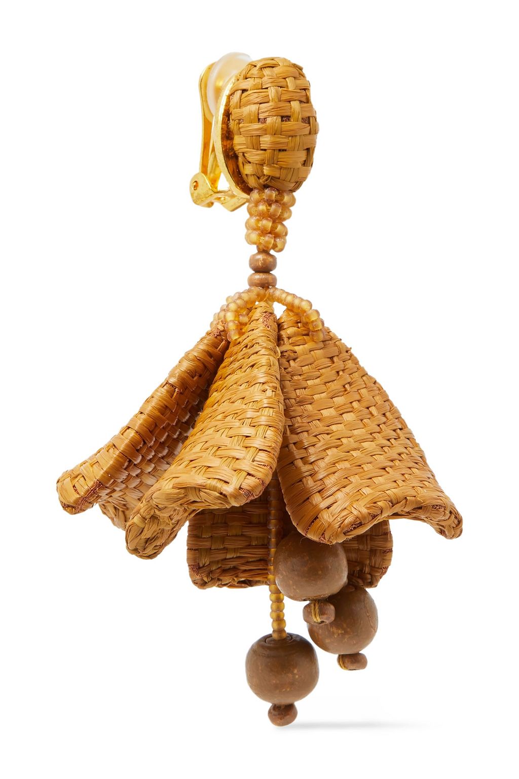 OSCAR DE LA RENTA Gold-tone, faux raffia and bead clip earrings