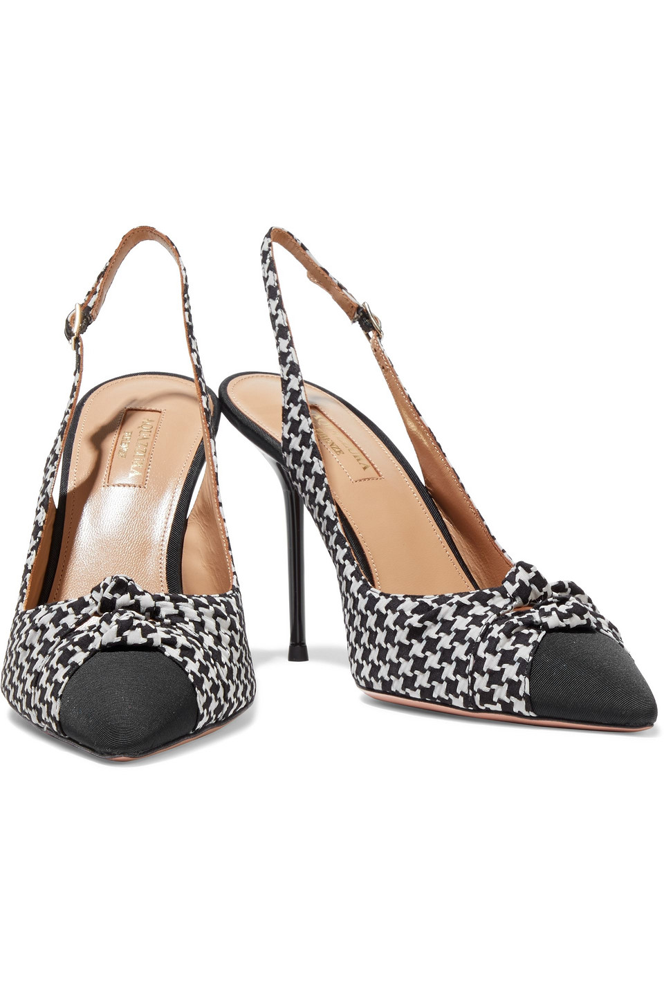 Click to view more detailed imagery on our partner's website Aquazzura Mondaine 95 Knotted Houndstooth Jacquard Slingback Pumps In Black