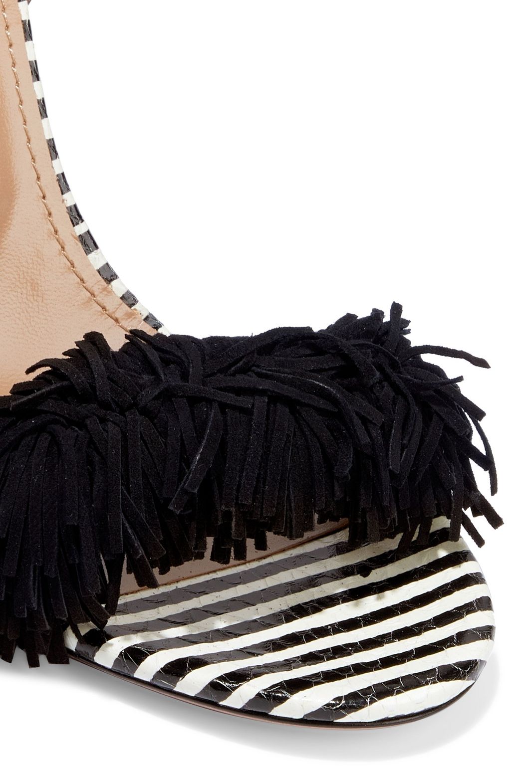 AQUAZZURA Wild Thing 105 fringed suede and striped elaphe sandals