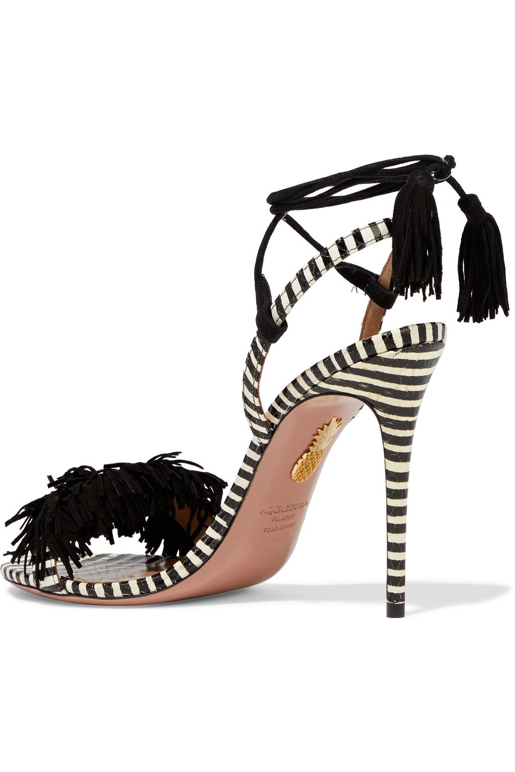 AQUAZZURA Wild Thing 105 fringed suede and striped elaphe sandals