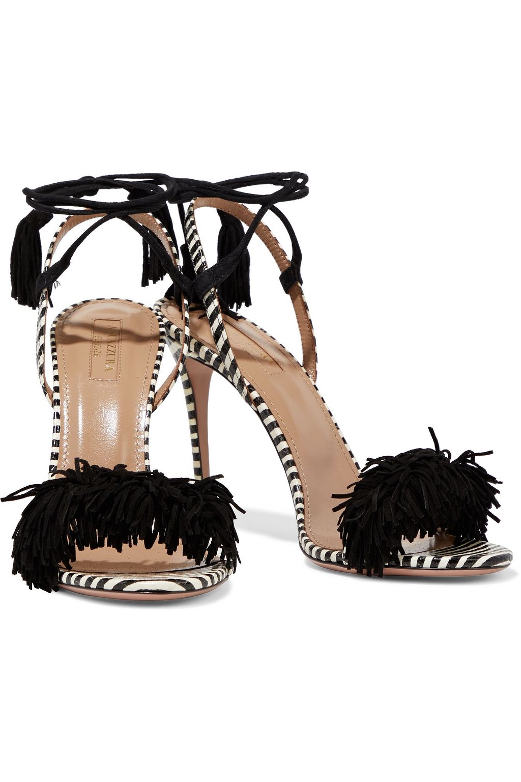 AQUAZZURA Wild Thing 105 fringed suede and striped elaphe sandals