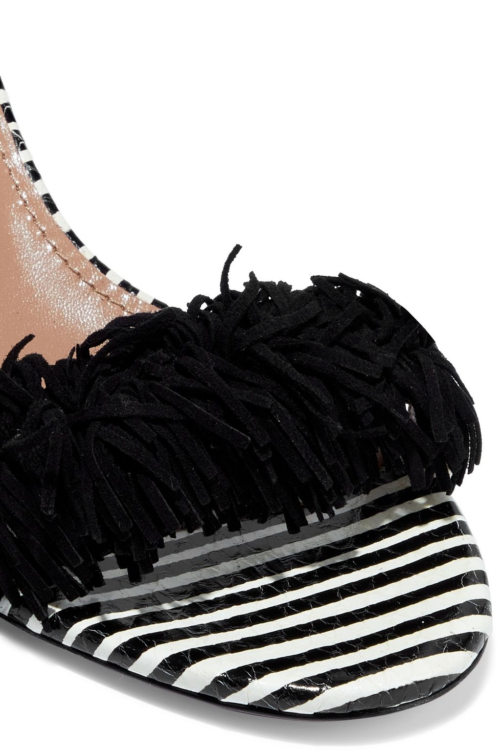 AQUAZZURA Wild Thing 50 fringed suede and striped elaphe sandals