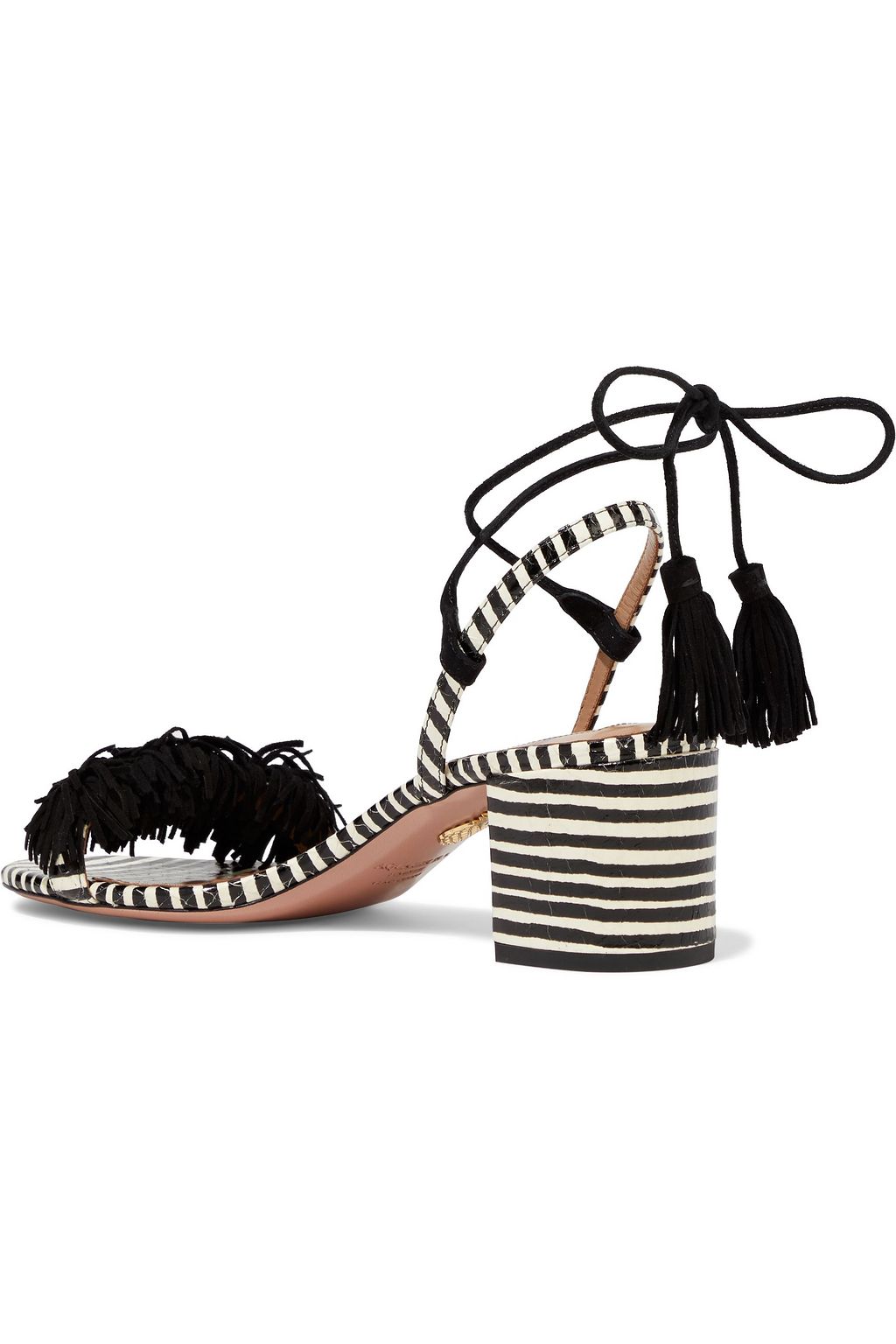 AQUAZZURA Wild Thing 50 fringed suede and striped elaphe sandals