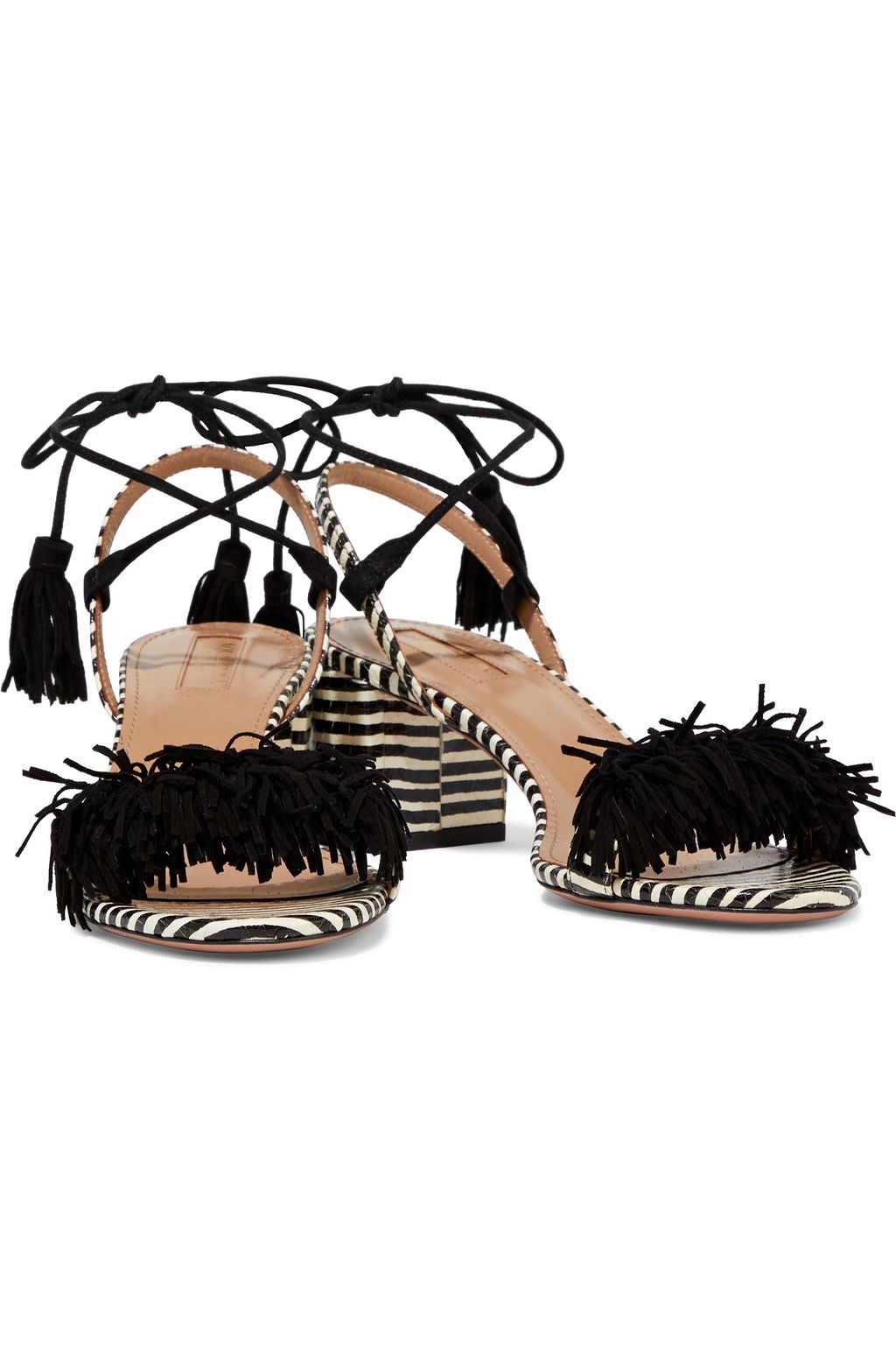 AQUAZZURA Wild Thing 50 fringed suede and striped elaphe sandals