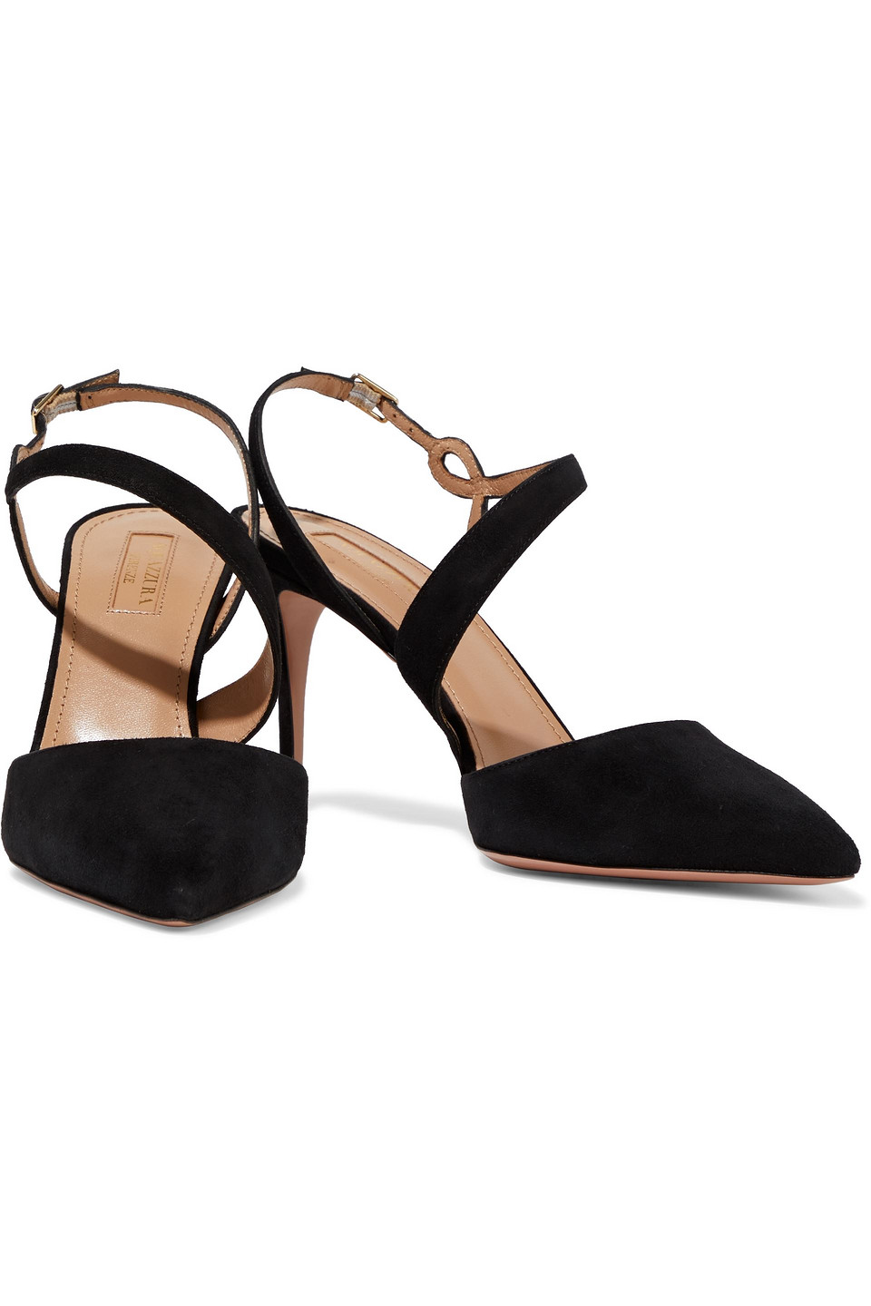 Click to view more detailed imagery on our partner's website Aquazzura Arden 85 Suede Slingback Pumps In Black