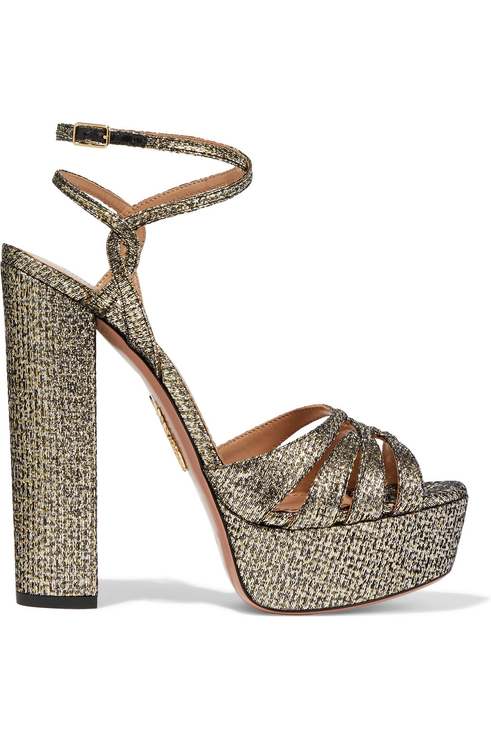 Aquazzura Woman Veranda 140 Metallic Jacquard Platform Sandals Platinum Size 38.5