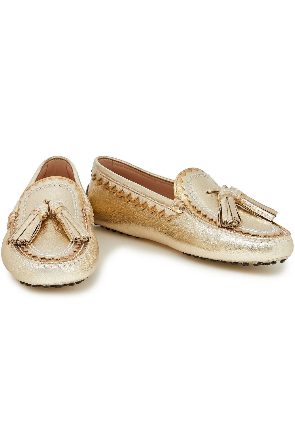 TOD'S Tasseled metallic textured-leather loafers