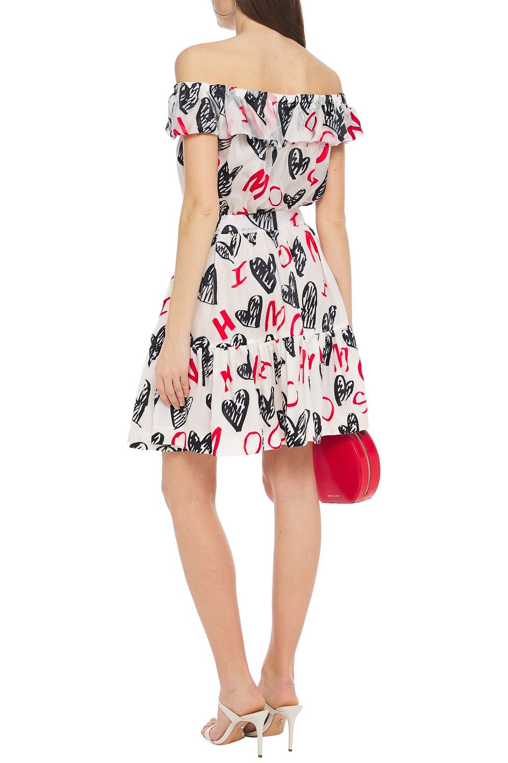 MOSCHINO Off-the-shoulder ruffle-trimmed printed mini dress