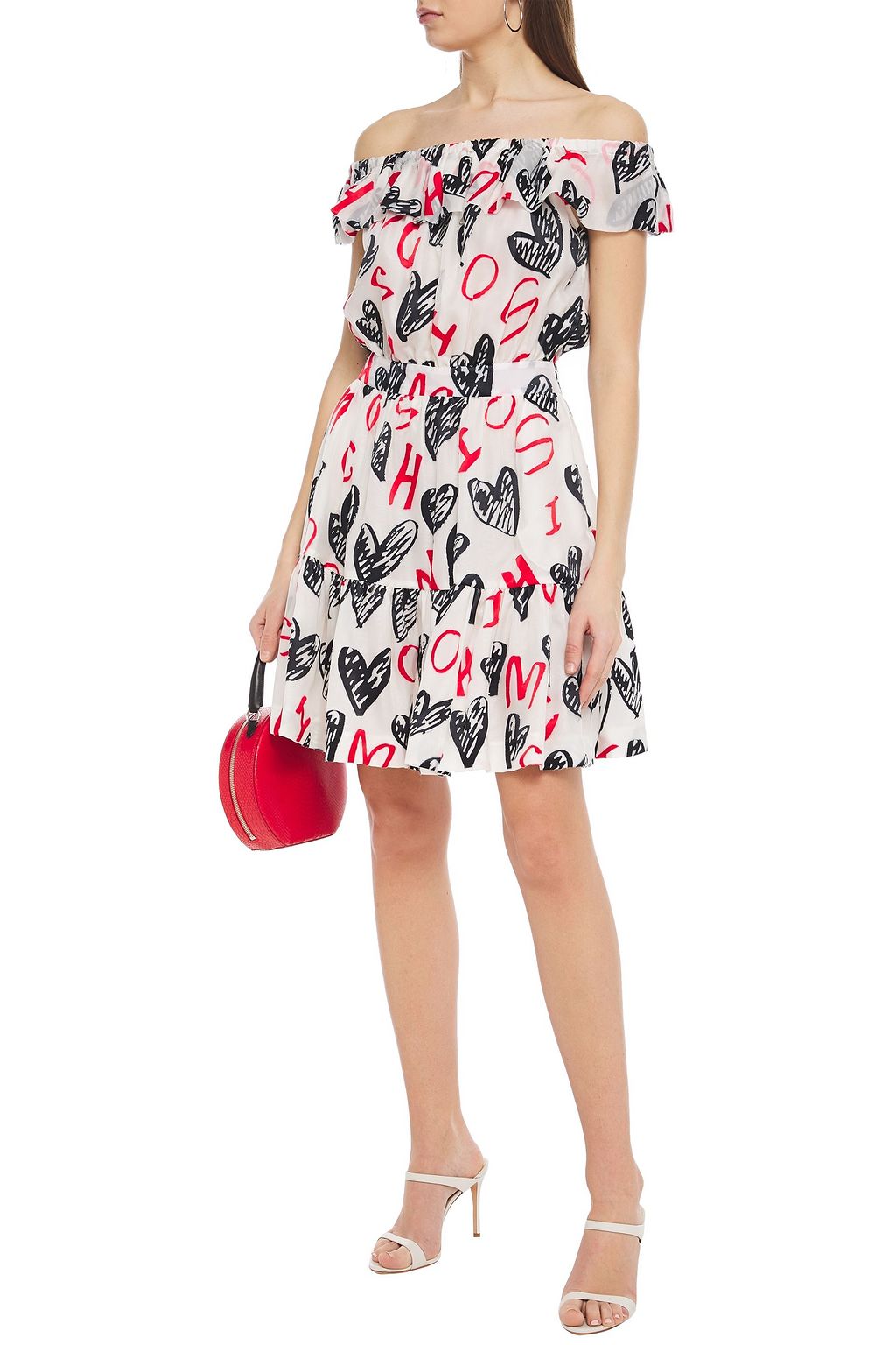 MOSCHINO Off-the-shoulder ruffle-trimmed printed mini dress