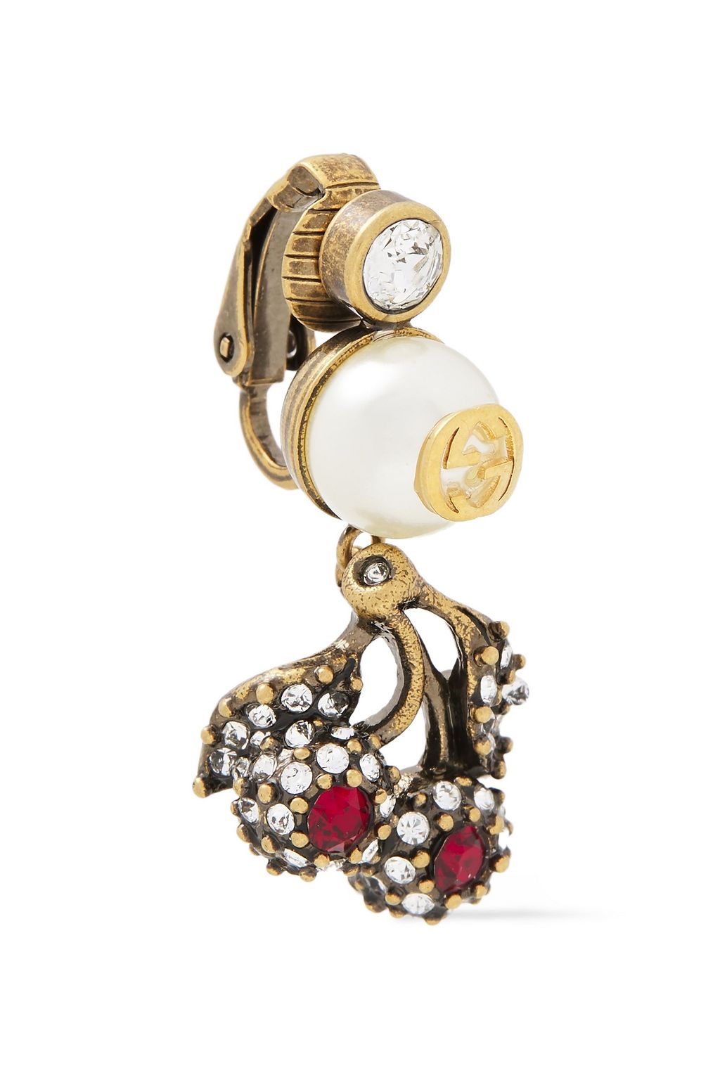 GUCCI Burnished gold-tone, faux pearl and crystal clip earrings