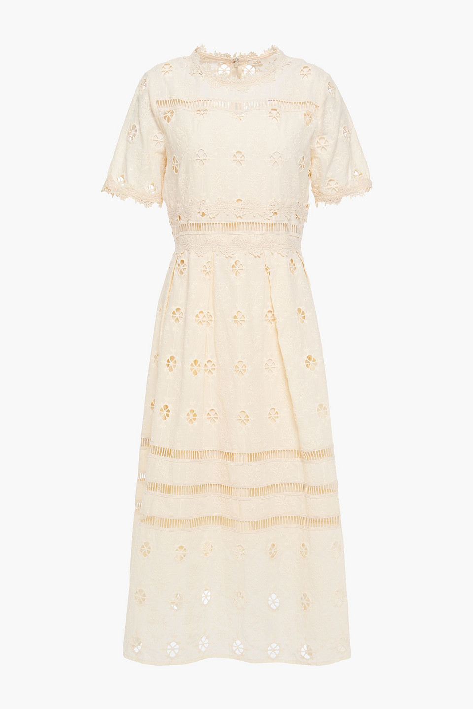 maje - pleated broderie anglaise cotton midi dress - white - fr 40