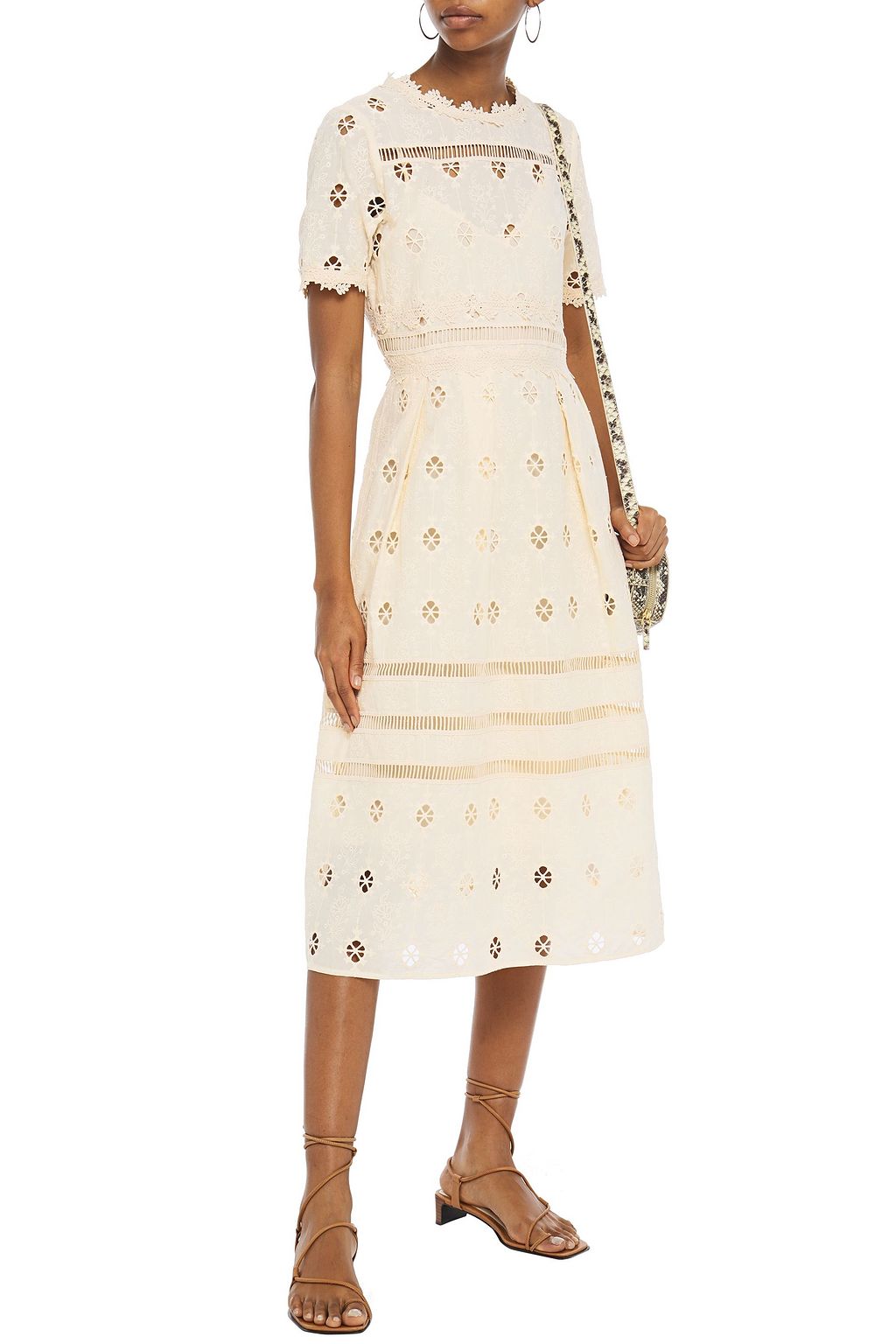 MAJE Pleated broderie anglaise cotton midi dress