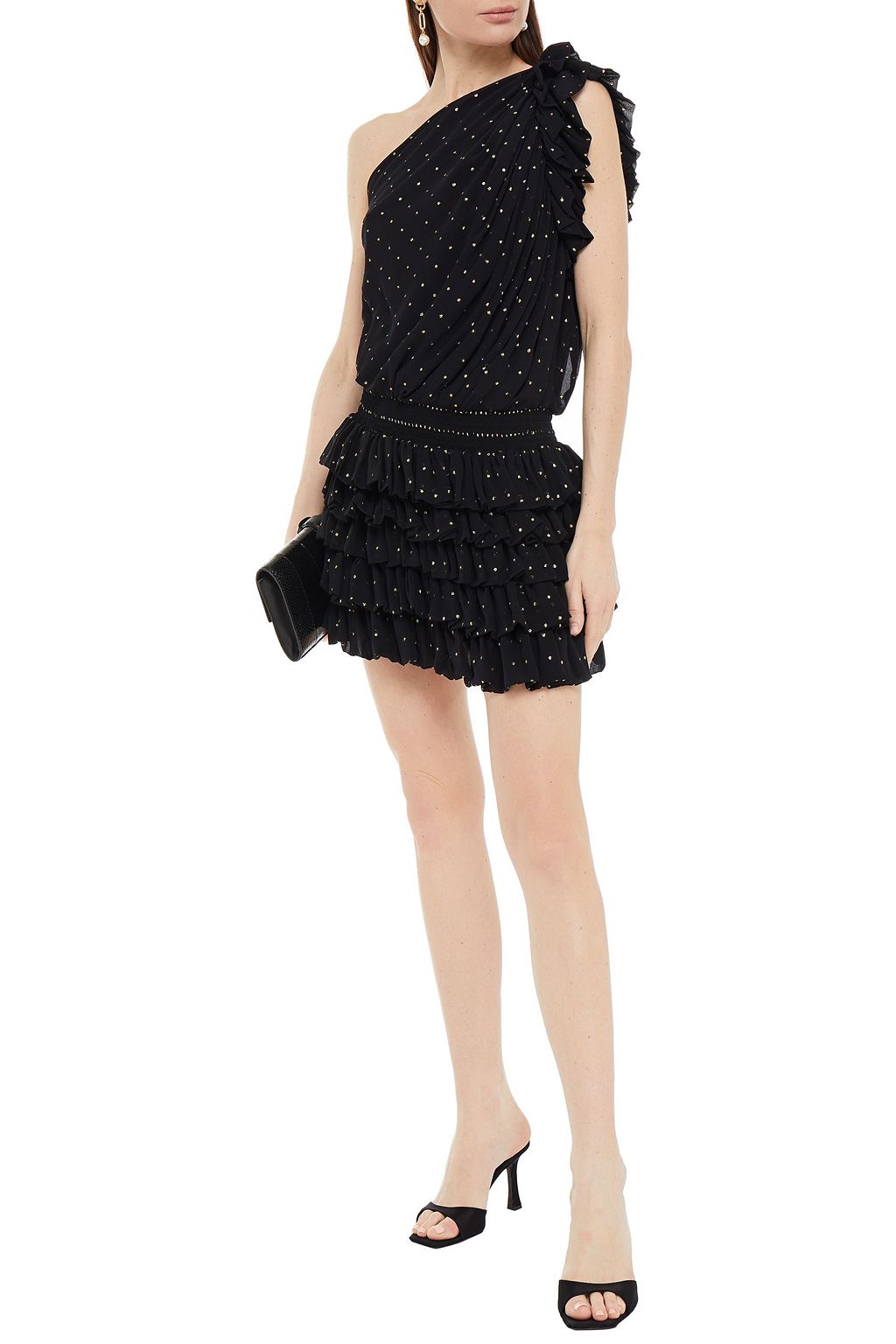 SAINT LAURENT One-shoulder ruffled metallic fil coupé silk-blend chiffon mini dress