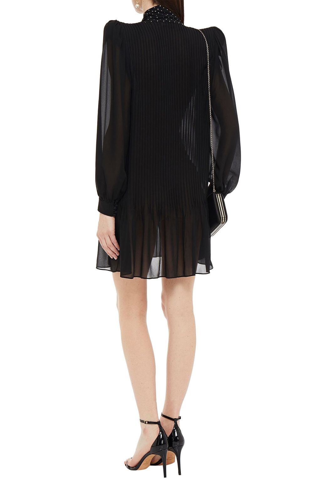 SAINT LAURENT Pussy-bow studded pintucked silk-chiffon mini dress