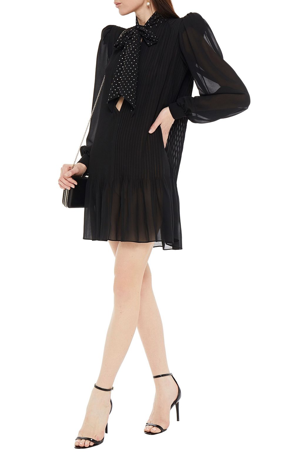 SAINT LAURENT Pussy-bow studded pintucked silk-chiffon mini dress
