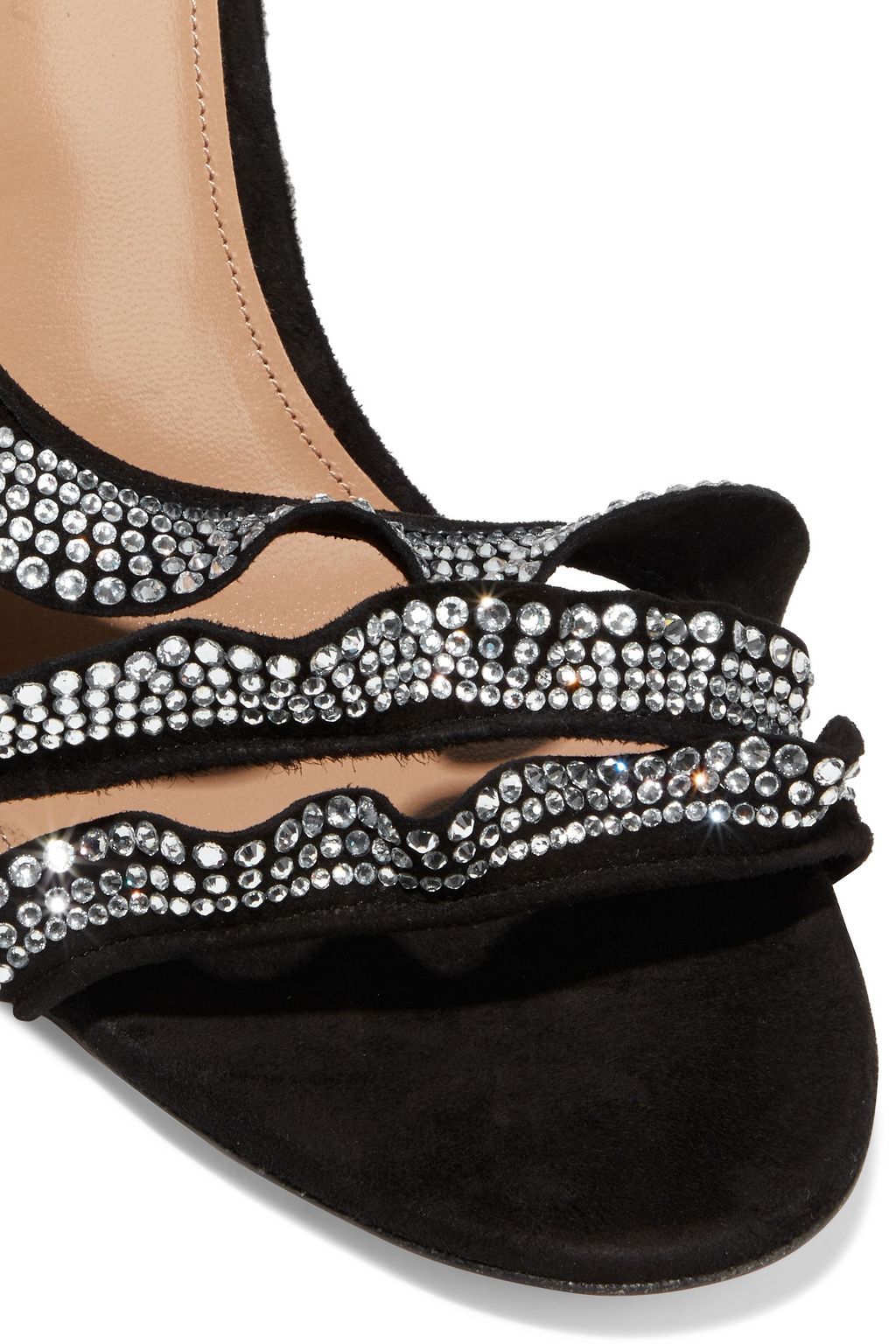 AQUAZZURA 105 ruffled crystal-embellished suede slingback sandals
