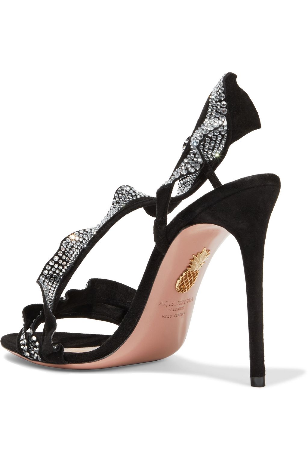 AQUAZZURA 105 ruffled crystal-embellished suede slingback sandals