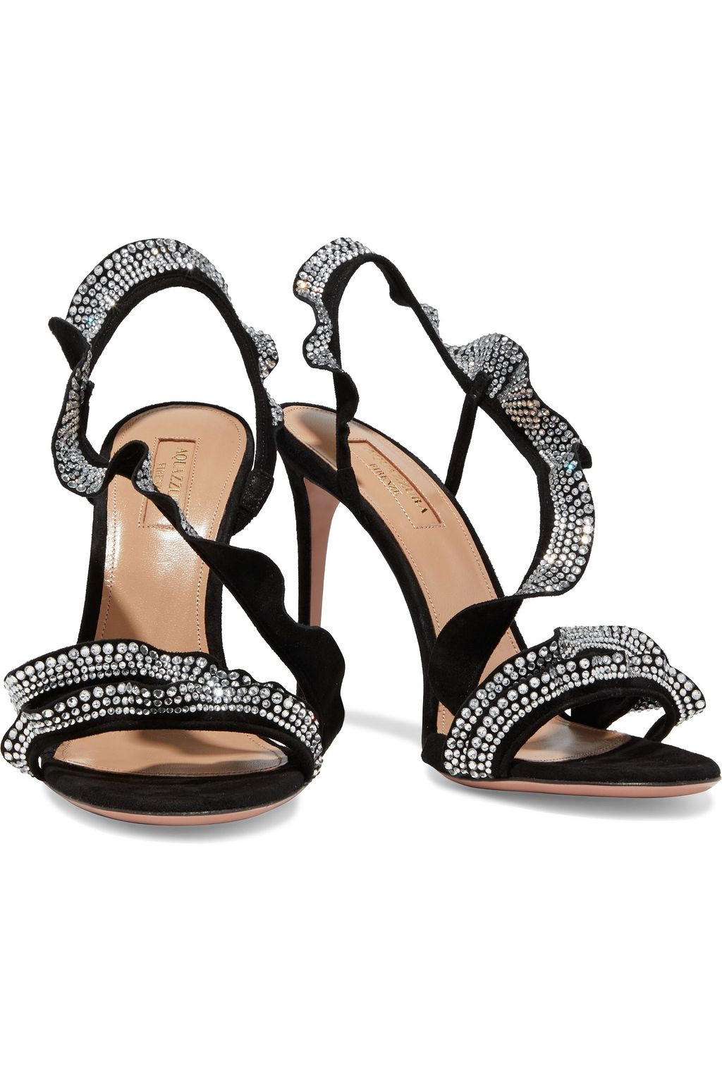 AQUAZZURA 105 ruffled crystal-embellished suede slingback sandals