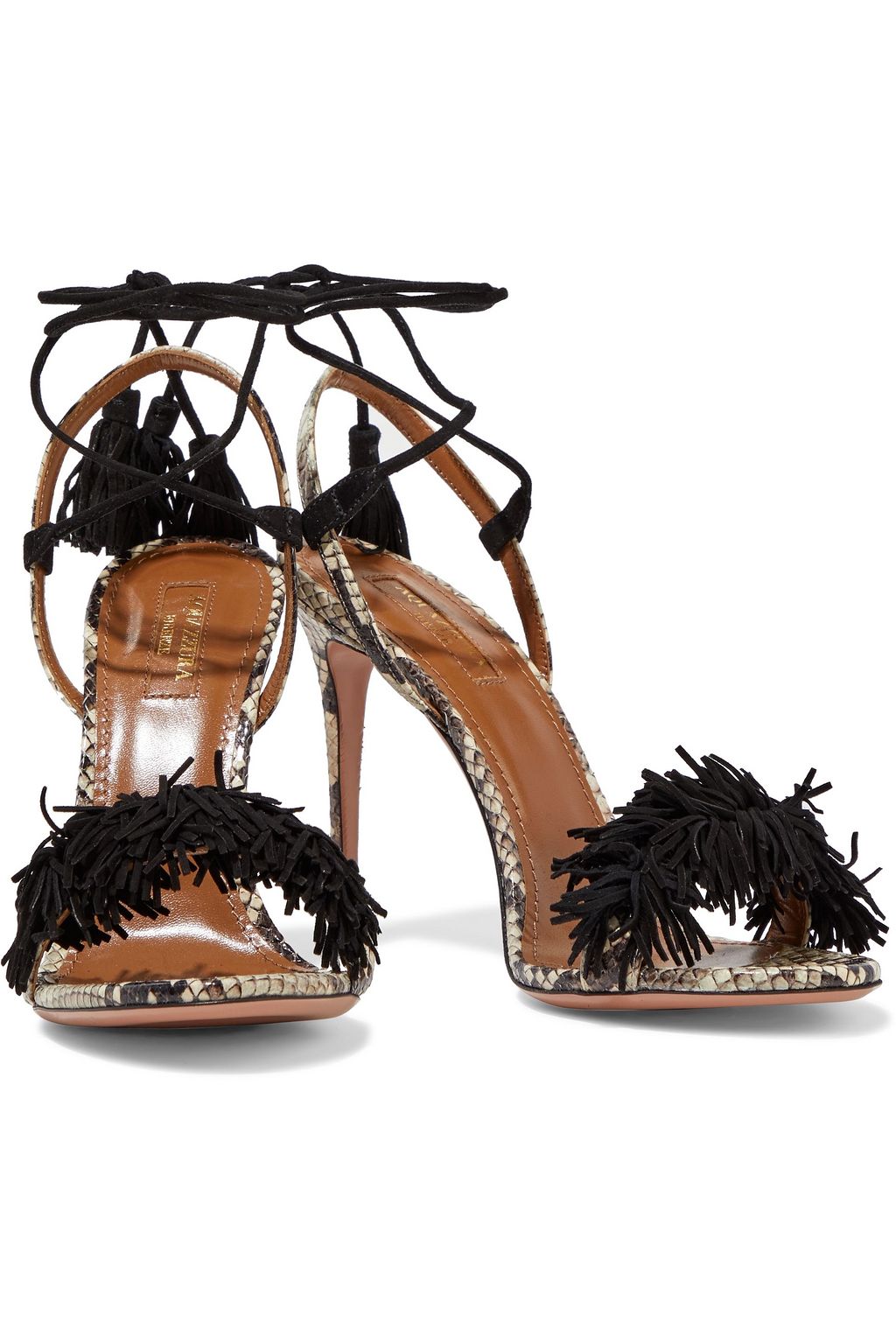 AQUAZZURA Wild Thing 105 fringed suede and elaphe sandals