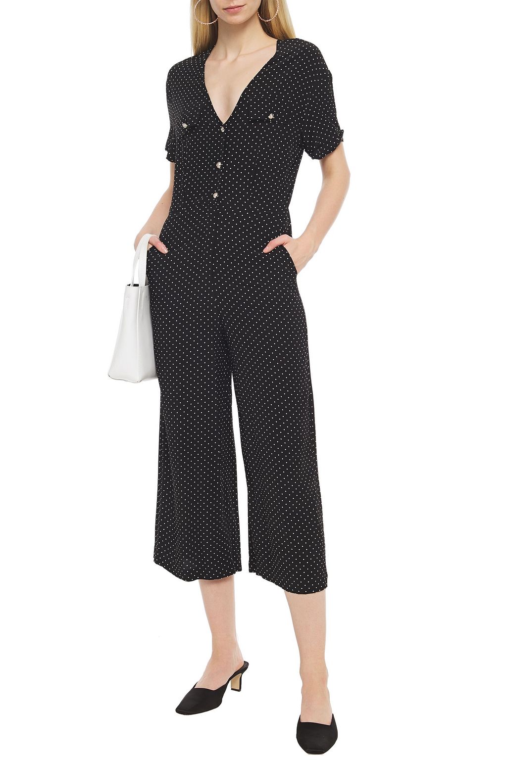 MAJE Cropped button-embellished polka-dot crepe de chine jumpsuit