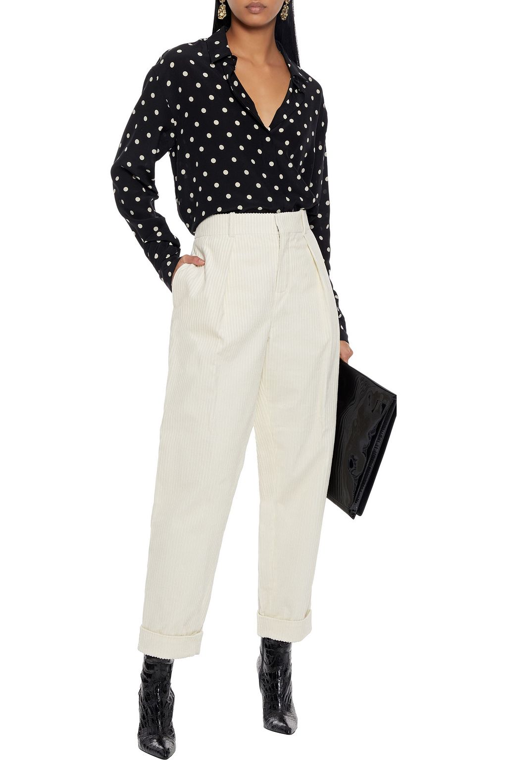 SAINT LAURENT Cropped pleated cotton-corduroy tapered pants