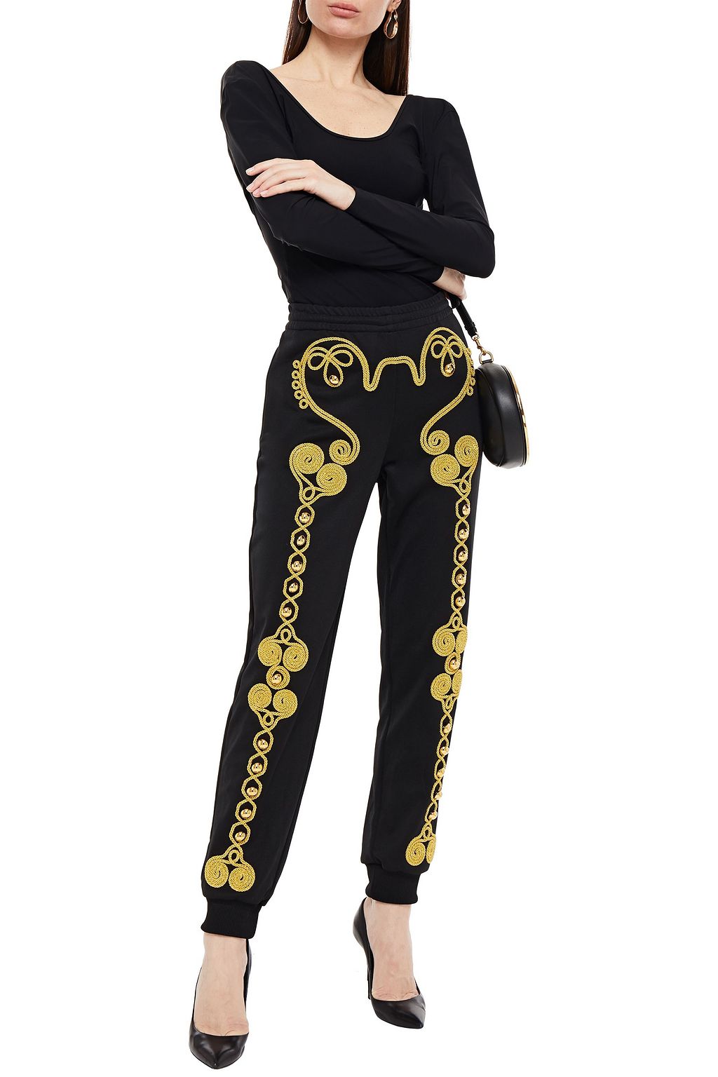 MOSCHINO Metallic embroidered jersey tapered pants