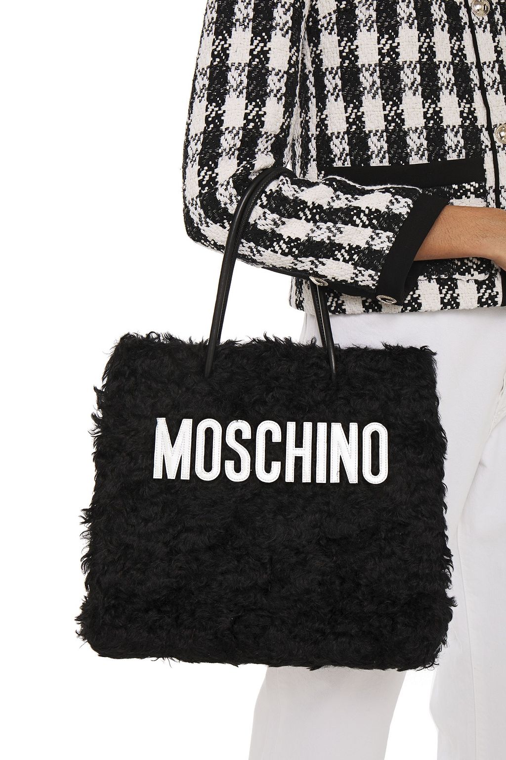 MOSCHINO Faux leather-trimmed appliquéd faux shearling tote