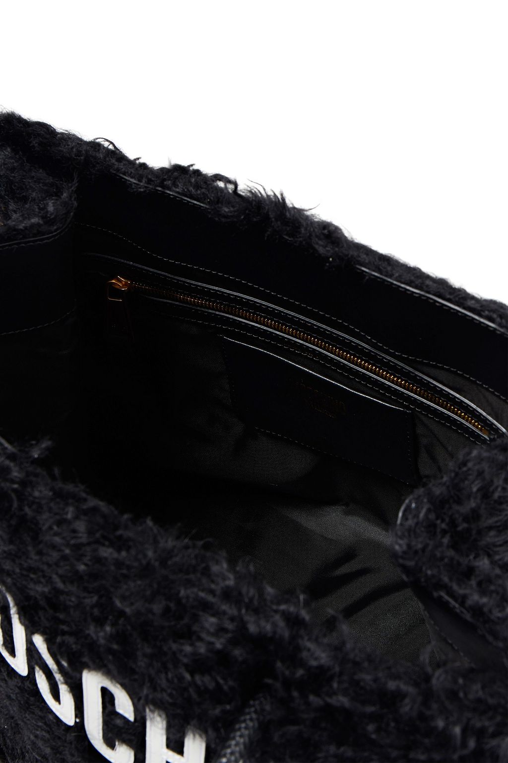 MOSCHINO Faux leather-trimmed appliquéd faux shearling tote