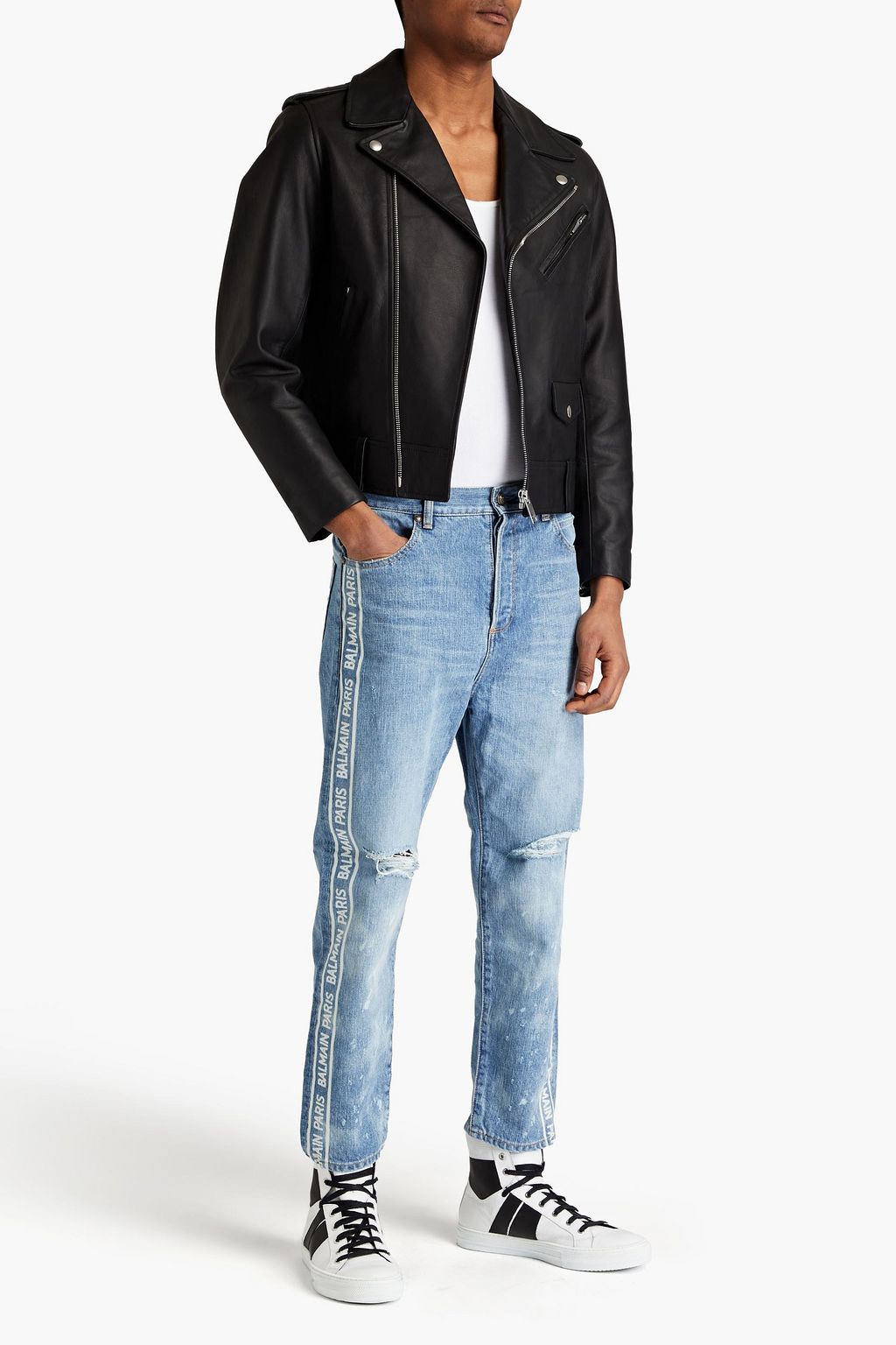 BALMAIN Distressed printed denim jeans