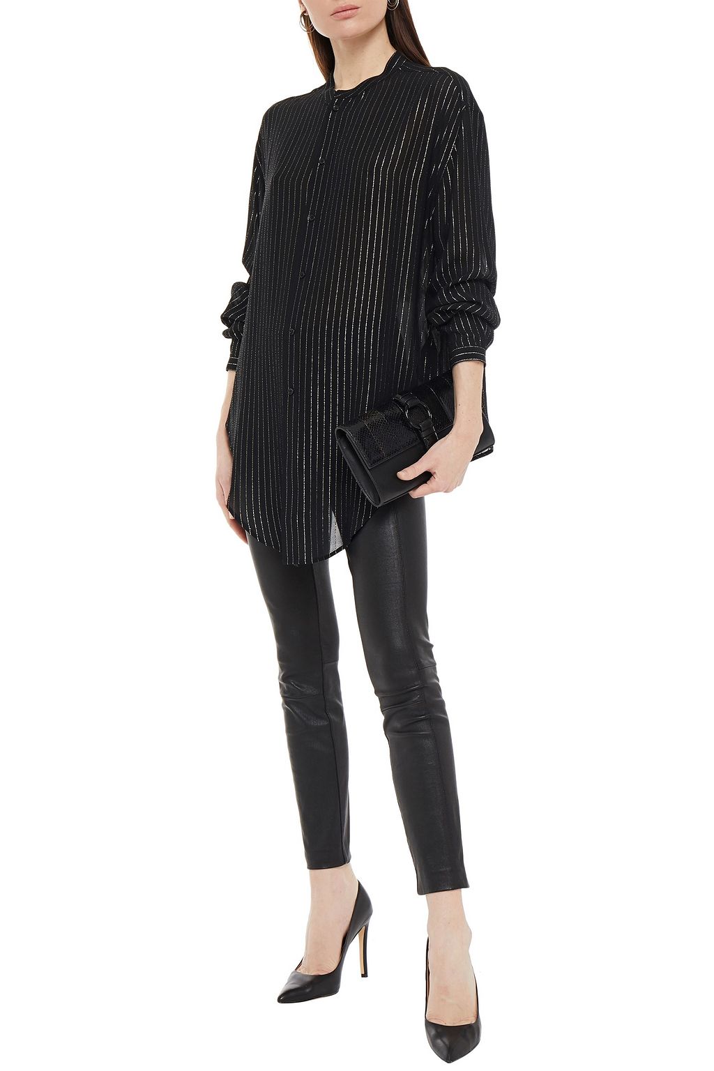SAINT LAURENT Metallic pinstriped crepe top