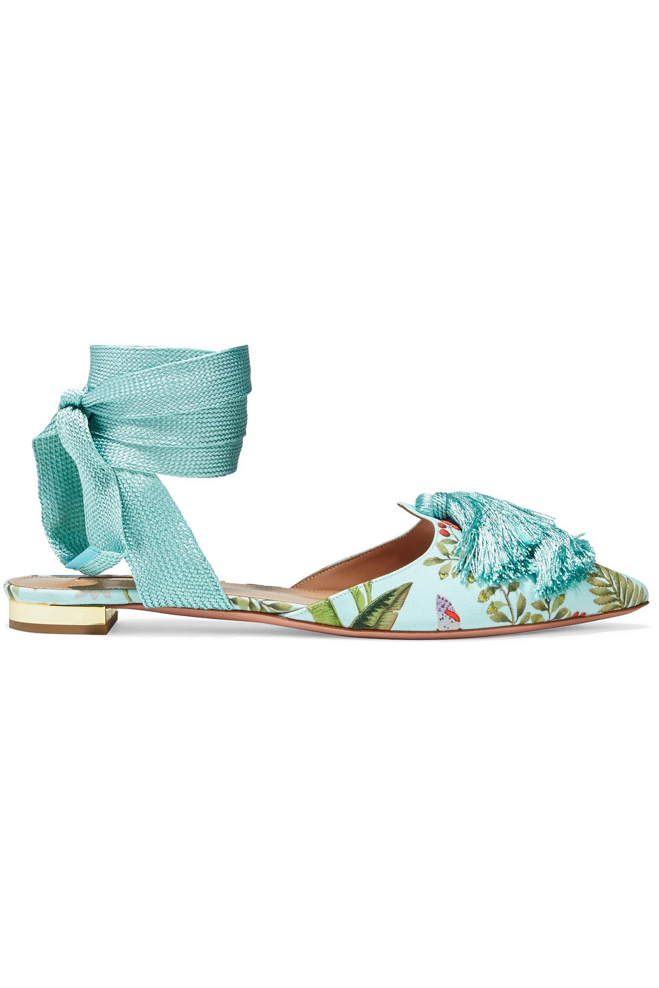 Aquazzura Woman + De Gournay Amazonia Love Tassel Embroidered Printed Crepe Point-toe Flats Mint Size 35